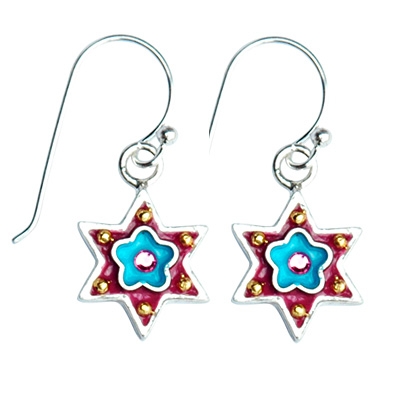 Blue Flower Star of David Earrings with Swarovsky Crystals